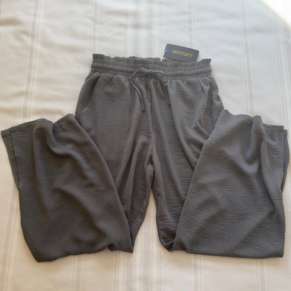 Hotgift Gray Textured Wide Leg Lounge Pants Paperbag Waist Side Slits NWT Medium